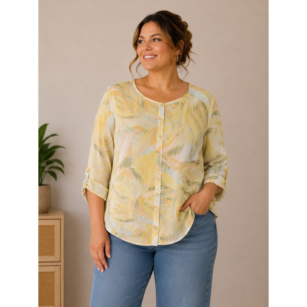 Rachel Zoe Linen Button Shirt Womens 1X Yellow Tropical Breathable Vacation Boho